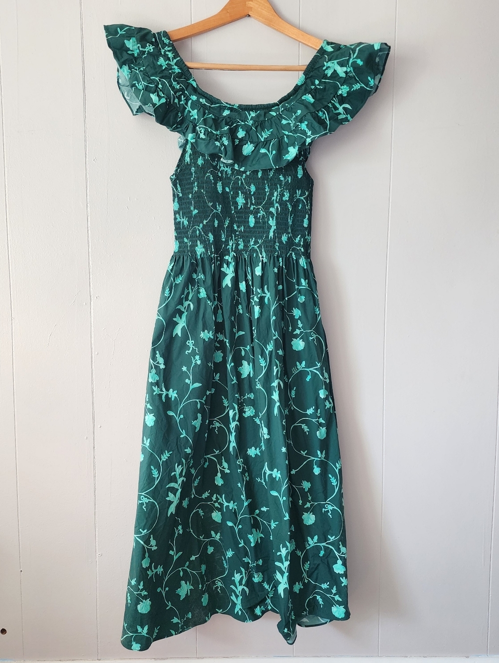 Hill House Home Nap Dress Small Ellie Emerald Trellis Green Smocked Ruffle Midi
